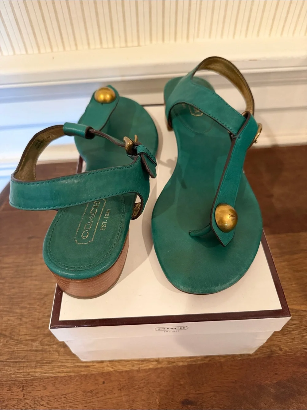 Coach Teal Leather Thong Sandals with Gold Accent and Low Stacked Heel